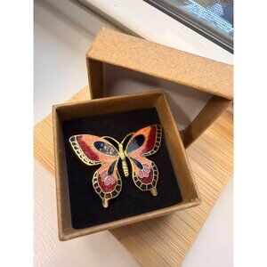 Vintage cloisonné  Butterfly Enamel Brooch Pin Gold-Tone With Red & Black Accent